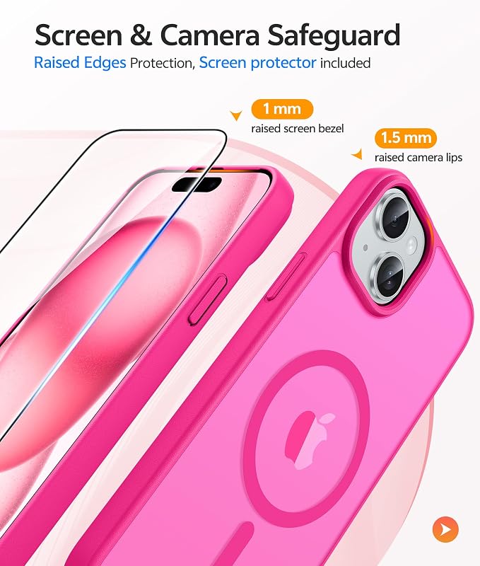 FNTCASE for iPhone 15 Case: for iPhone 14 Case & iPhone 13 Case [Compatible with Magsafe] Translucent Matte Cases with [Screen Protector] Military Grade Shockproof Protective Phone Cover - Hot Pink