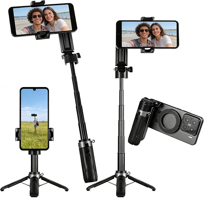 4-in-1 Magnetic Selfie Stick for iPhone/Android - Multifunctional 360° Rotation Extendable Tripod with Detachable Remote, Universal Phone Mount & Metal Ring (Magnetic or Clip Combo)