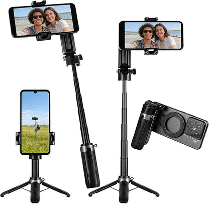 4-in-1 Magnetic Selfie Stick for iPhone/Android - Multifunctional 360° Rotation Extendable Tripod with Detachable Remote, Universal Phone Mount & Metal Ring (Magnetic or Clip Combo)
