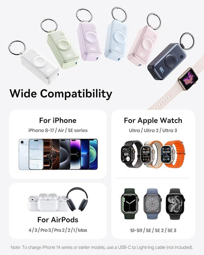 INIU 3-in-1 Portable Charger, 5000mAh Power Bank with Watch Charger & Built-in Cable, Compact 20W Fast Charging Battery Pack, Key Chain & Travel Essential for iPhone 16 15, Apple Watch, AirPods, etc