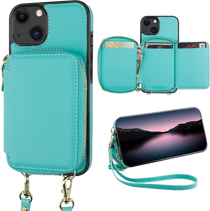 Bocasal RFID Blocking Wallet Case for iPhone 14 iPhone 13, Adjustable Crossbody Zipper Purse Case Card Holder with Kickstand Detachable Wrist Strap, PU Leather Flip Folio Case 6.1 Inch 5G (Mint Green)