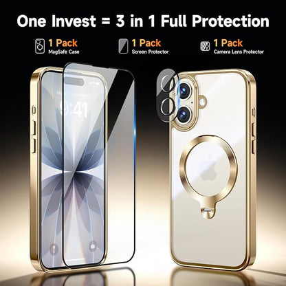 [Tri-Shield Protection] for iPhone 17 Case with 360° Spin Stand Compatible with MagSafe [Magnetic CD Ring] [Screen & Camera Lens Protector] Shockproof Plating Never-Yellowing, Gold-6.3"
