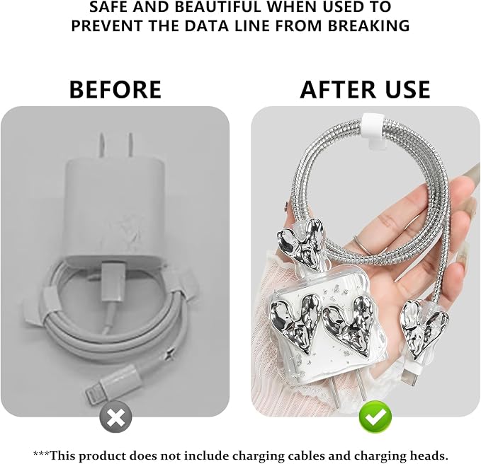 Lovmooful Compatible for iPhone 18W/20W USB-C Charger Cover Clear Lovely 3D Love Heart Waves Design Soft Charger Protector Cute Cable Case Saver Protector for Girls Women-Silver Heart