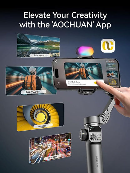 AOCHUAN Gimbal Stabilizer for iPhone, Phone Gimbal w/RGB Magnetic Fill Light, Foldable Gimbal Built in 7.8' Extension Rod and OLED Display for iPhone/Android Excellent for Vlogging-Smart X2 Kit Black