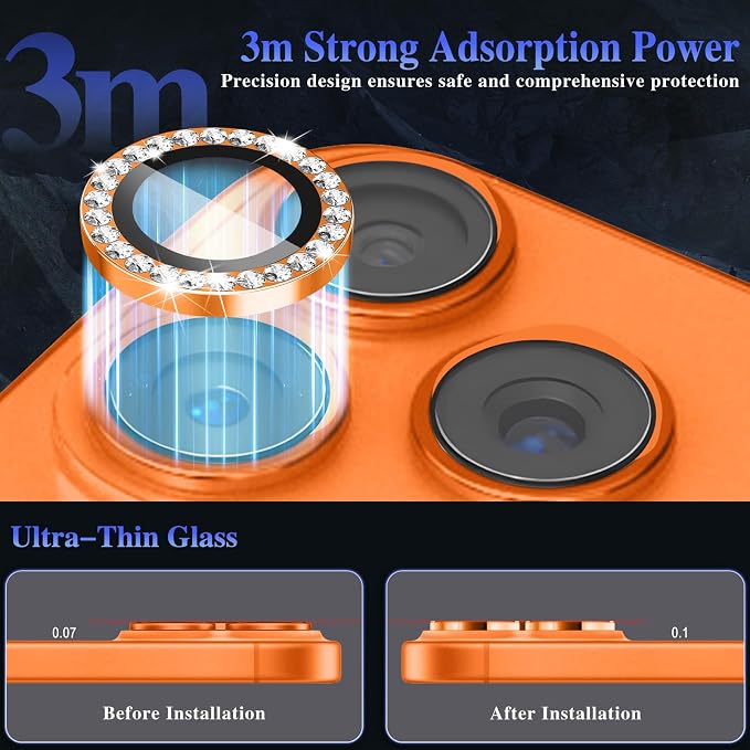 ShinKin Camera Lens Protector for iPhone 17 Pro/iPhone 17 Pro Max, Glitter Camera Cover, 9H Tempered Glass Individual Metal Ring Camera Protector for iPhone 17 Pro/17 Pro Max (Diamond - Orange)