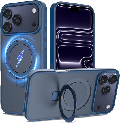 Ultra-Magnetic Stand for iPhone 17 Pro Case [Military Drop Protection] [Compatible with MagSafe] Shockproof Translucent Matte Slim Ring Holder Case for iPhone 17 Pro (Blue)