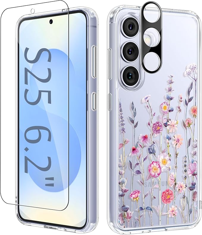 GVIEWIN for Samsung Galaxy S25 Case, Clear Floral Slim Shockproof Protective Women Phone Case, Non-Yellowing, with Screen Protector & Camera Lens Protector for Galaxy S25 6.2", Floratopia/Colorful