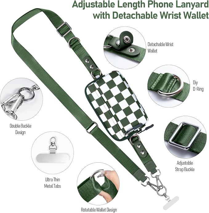 Clip and Go Strap for Phone with Wallet Crossbody Phone Lanyard and Detachable Checkered Bag with ID Window and RFID Pouch for Daily Travel.