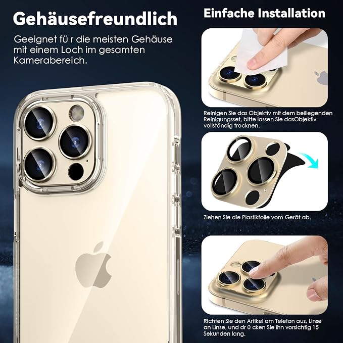 CloudValley for iPhone 14 Pro/iPhone 14 Pro Max Camera Lens Protector, 9H Tempered Glass Metal Alluminum [All in 1 Design], Case Friendly Anti-Scratch High Definition, Gold