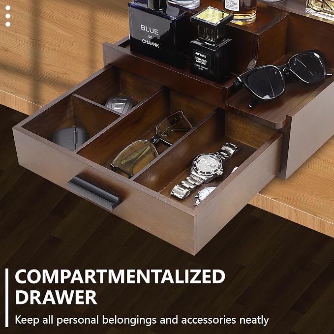 Butizone Cologne Organizer for Men, 3 Tier Perfume Stand Holder with Drawer and Hidden Compartment, Cologne Display Shelf for Dresser, Great Gift for Man/Father, Deep Brown