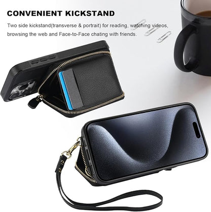 Bocasal RFID Blocking Wallet Case for iPhone 15 Pro Max, Adjustable Crossbody Zipper Purse with Kickstand and Detachable Wrist Strap, PU Leather Flip Folio Case 6.7 Inch 5G (Black)