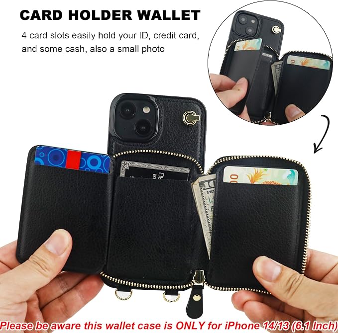 Bocasal for MagSafe Crossbody Wallet Case Compatible with iPhone 14 iPhone 13, RFID Blocking Protective Purse Case with Card Slots Holder Kickstand Wrist Strap Lanyard Zipper 6.1 Inch 5G (Black)