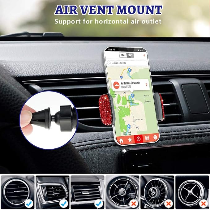 eing Car Phone Mount Bling Crystal Cell Phone Holder with One More Air Vent Base,Universal Universal Phone Car Air Vent Mount Holder Cradle for Dashboard,Windshield and Air Vent,Red