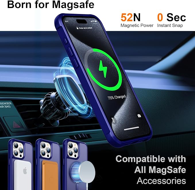 360° Magnetic Swivel Ring for iPhone 15 pro max case, Built-in Metal Stand and Ring Holder, Magsafe Compatible, Military Grade Protection, Shock Resistant - Blue