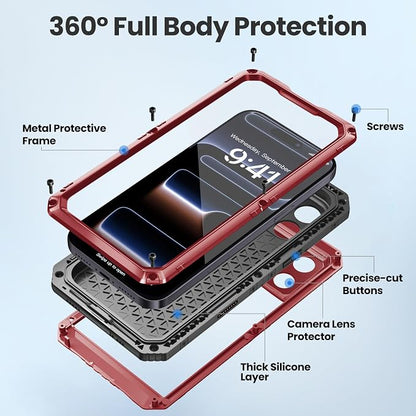 Mitywah Waterproof Case for iPhone 17 Pro Max, Rugged Metal Case with Built-in Screen Protector, Heavy Duty Full Body Shockproof Protective Cover 6.9 inch, Red