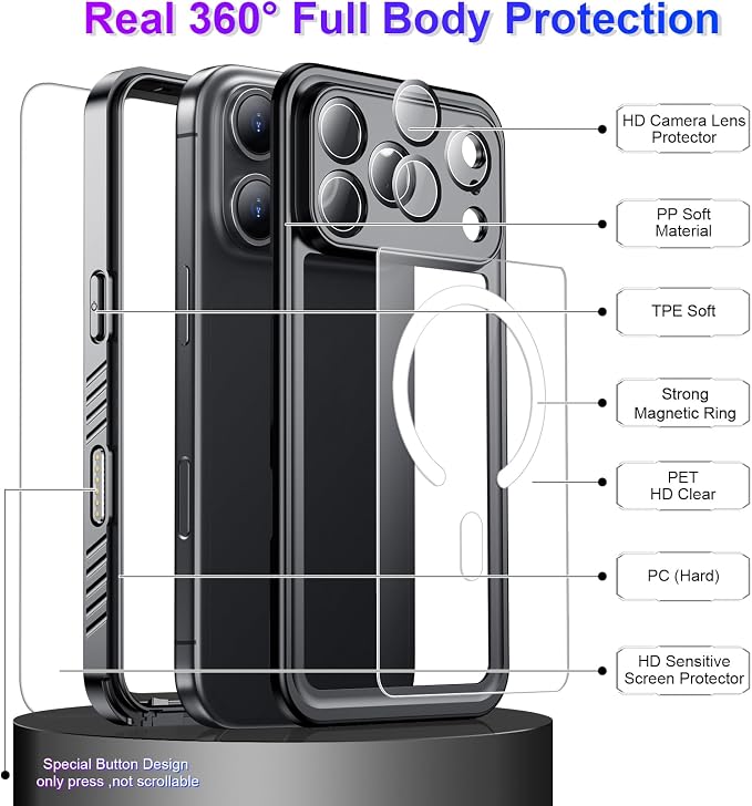 Temdan Magnetic Compatible with iPhone 17 Pro Max Case,Waterproof Built-in Screen & Camera Protector IP68 Underwater Full Body 17FT Military Dropproof Shockproof Phone Case 6.9"-Mag/Black
