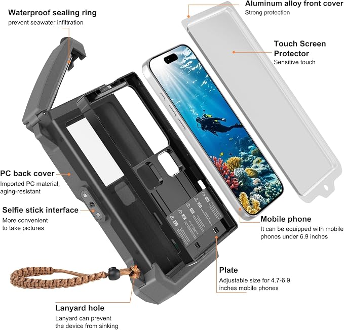 Underwater Phone Case for Snorkeling & Diving (50ft/15m), IP68 Waterproof Case for Swimming, Universal Underwater Touch Screen Case Compatible with iPhone (Gray+Black, 5th Generation Phone Case)
