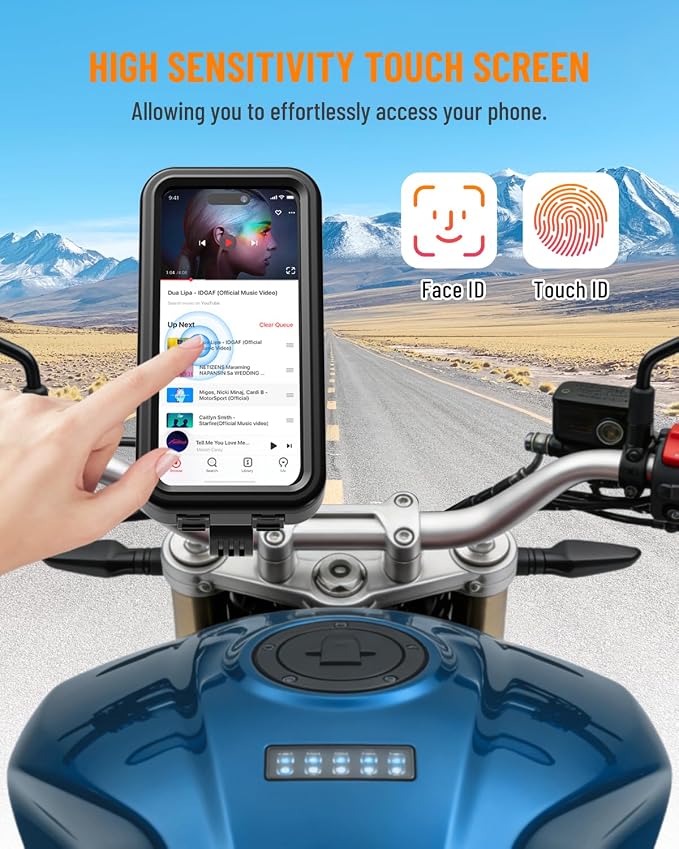 Waterproof Motorcycle Phone Mount, Bike Phone Holder, [No Block Camera] [Quick Install] Secure Bicycle Scooter ATV Handlebar Clamp Clip, Adjustable Fit 4.7-6.9" Cell Phones