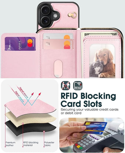 OCASE Compatible with iPhone 16 Crossbody Wallet Case with Card Holder, PU Leather Zipper Handbag Phone Purse with RFID Blocking Kickstand Wrist Strap Lanyard 6.1 Inch, Pink