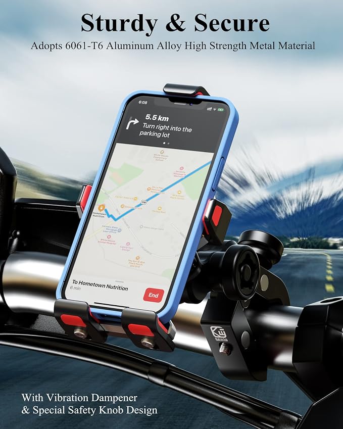 BRCOVAN Anti-Theft Aluminum Alloy Motorcycle Phone Mount Holder with Vibration Dampener & Secure Lock, Adjustable Bike Handlebar Cellphone Mount for Bicycle Scooter ATV UTV, Fit 4.7''-7.2'' Smartphone