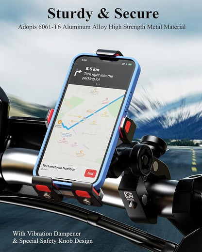 BRCOVAN Anti-Theft Aluminum Alloy Motorcycle Phone Mount Holder with Vibration Dampener & Secure Lock, Adjustable Bike Handlebar Cellphone Mount for Bicycle Scooter ATV UTV, Fit 4.7''-7.2'' Smartphone