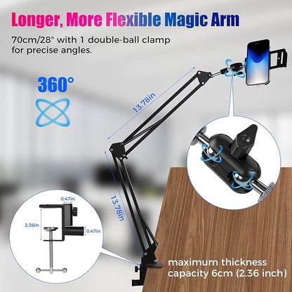 30" Magic Arm Holder w Clamp - Overhead Phone Mount for Desk, Smooth 360° 1/4" & 5/8" Thread Webcam Stand for Phone, Tablet, Webcam, Mic, Camera - Content Creators & Streaming