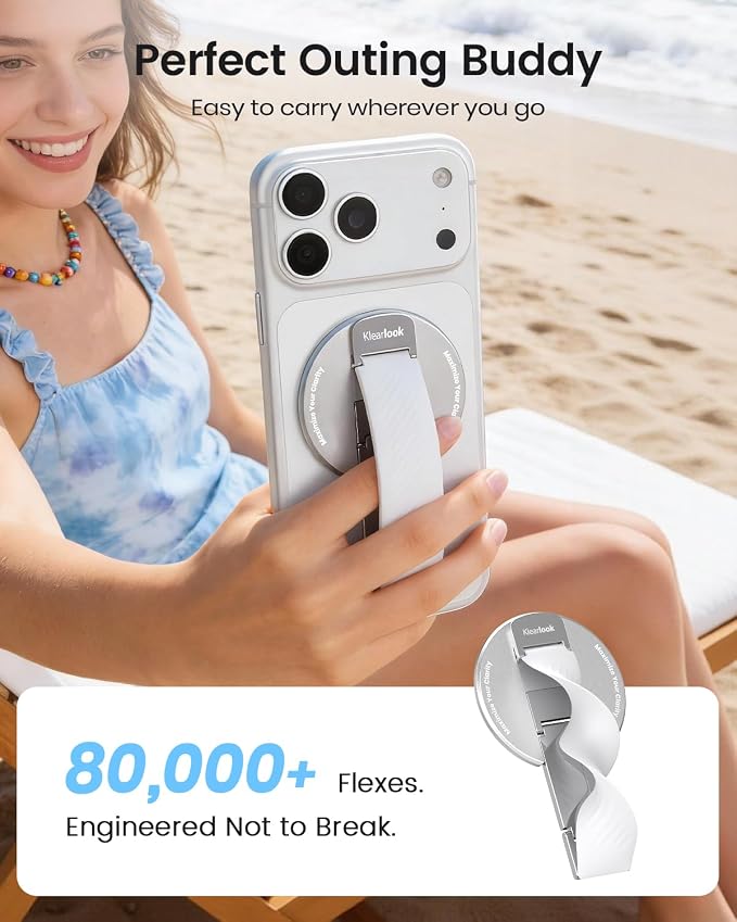 2026 Klearlook for MagSafe Phone Grip with Silicone Finger Strap, Removable Magnetic Phone Ring Holder with Adjustable Kickstand, Finger Phone Ring Grip for iPhone 17/16/15/14/13/12 Series, White