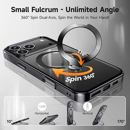 [Tri-Shield Protection] for iPhone 17 Pro Max Case with 360° Spin Stand Compatible with MagSafe [Magnetic CD Ring][Screen & Camera Lens Protector] Shockproof Plating Never-Yellowing, Black-6.9"