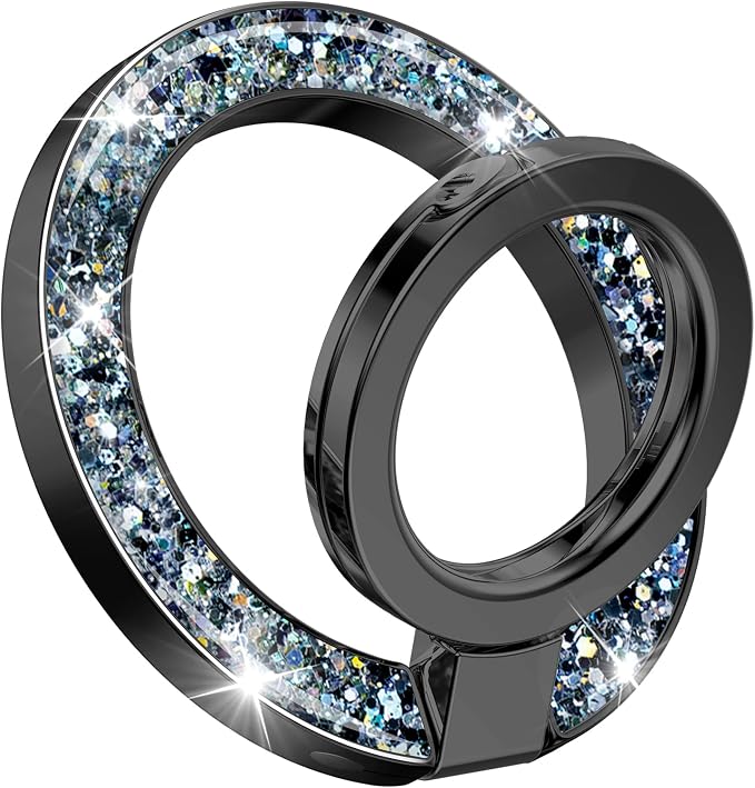 GVIEWIN Magnetic Phone Ring Holder, Compatible with MagSafe Phone Grip with Adjustable Stand, Magnet Phone Ring Kickstand for iPhone 17/16/15/14/13/12 Pro Max Plus Air/Other Phones (Glitter/Black)