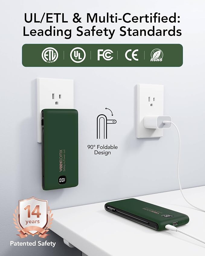 VEEKTOMX Portable Charger with Built in Cables 10000mAh, Power Bank for iPhone with AC Wall Plug, Fast Charging USB C Slim Battery Pack with LED Display Compatible with iPhone 17/16/15, Samsung