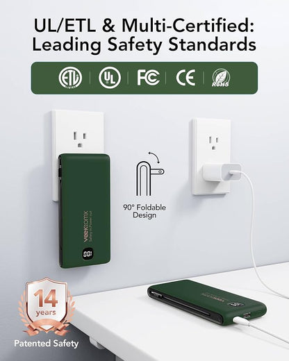 VEEKTOMX Portable Charger with Built in Cables 10000mAh, Power Bank for iPhone with AC Wall Plug, Fast Charging USB C Slim Battery Pack with LED Display Compatible with iPhone 17/16/15, Samsung