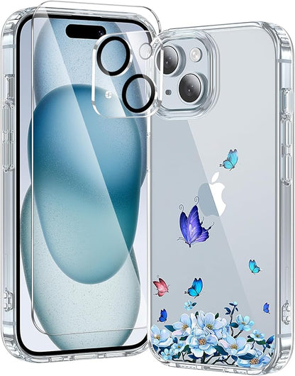 3 in 1 for iPhone 15 Plus Case Clear Printed Design | Yellowing-Resistant Acrylic Back, Screen Protector *1 & Camera Lens Protector*1, Military-Grade Protection