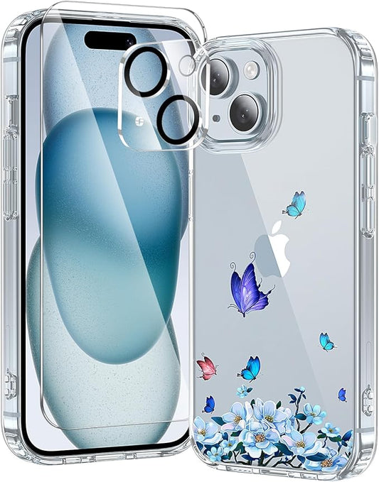 3 in 1 for iPhone 15 Plus Case Clear Printed Design | Yellowing-Resistant Acrylic Back, Screen Protector *1 & Camera Lens Protector*1, Military-Grade Protection