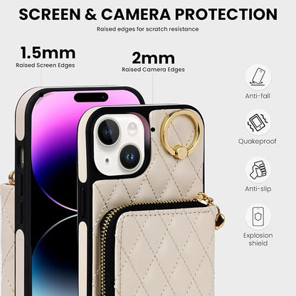 Keallce Case for iPhone 15 Plus 6.7'' Wallet Case, Crossbody Zipper Purse with Handbag Wristlet for Women, RFID Blocking Card Holders, 360° Ring Kickstand Flip Leather Cover for iPhone 15 Plus, Beige