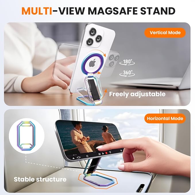 Magnetic Phone Grip & Stand for Desk, Bed & On-the-Go – Compatible with MagSafe – Secure One-Hand Hold, Comfortable Scrolling, Hands-Free Video Calls (Rainbow)