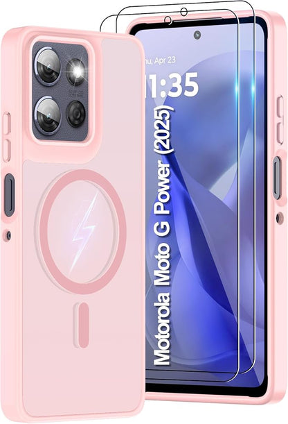 for Motorola Moto g Power 2025 Case [Compatible with Magsafe] Translucent Matte Magnetic Phone Case,Slim Thin Duty Shockproof Protection Cover with 2pc HD Screen Protector for Moto g Power 2025-Pink