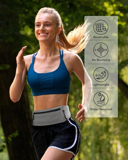 WATERFLY Running Belt Fanny Pack: Breathable 3 Pocket Waist Bag for Men Women Workout Exercise Fitness Phone Holder Fits All Phones - Runner Marathon Jogging Race Belt with Bib Clip Gray