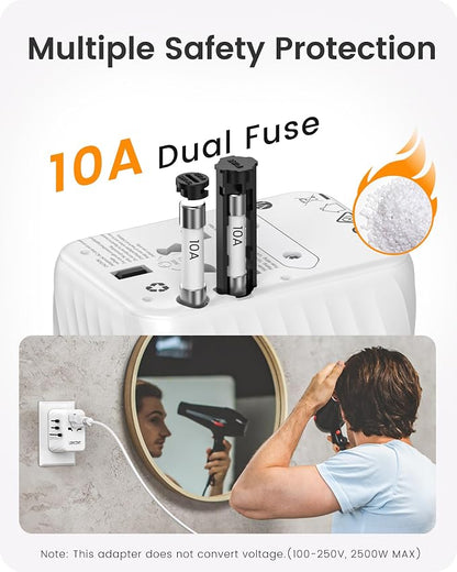 LENCENT Universal Travel Power Adapter, International AC Plug Adaptor | with 3 USB C 2 USB A Ports Wall Charger Worldwide Travel Essentials for US to EU UK Ireland Australia (Type C/G/A/I) White
