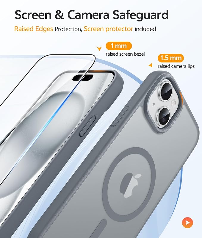 FNTCASE for iPhone 15/14/13 Case, Fit for Magsafe, Glass Screen Protector | Translucent Matte, Magnetic Phone Cases, 14FT Military Grade Drop Protection, Slim Shockproof Protective Cover, Gray