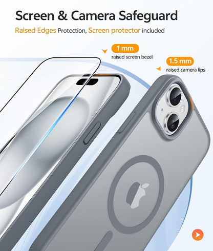 FNTCASE for iPhone 15/14/13 Case, Fit for Magsafe, Glass Screen Protector | Translucent Matte, Magnetic Phone Cases, 14FT Military Grade Drop Protection, Slim Shockproof Protective Cover, Gray