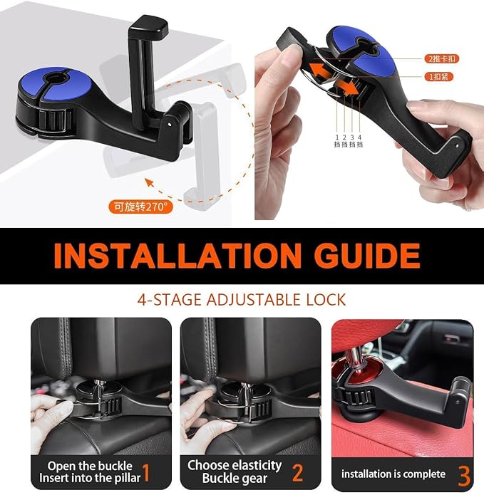 Upgraded 2 Pack Car Headrest Hidden Hook 2 in 1 Car Seat Hooks with Phone Holder for Purses and Bags, Universal 360° Rotation Headrest Hooks Purse Holder for Car, Car Purse Hook Holder (Blue)