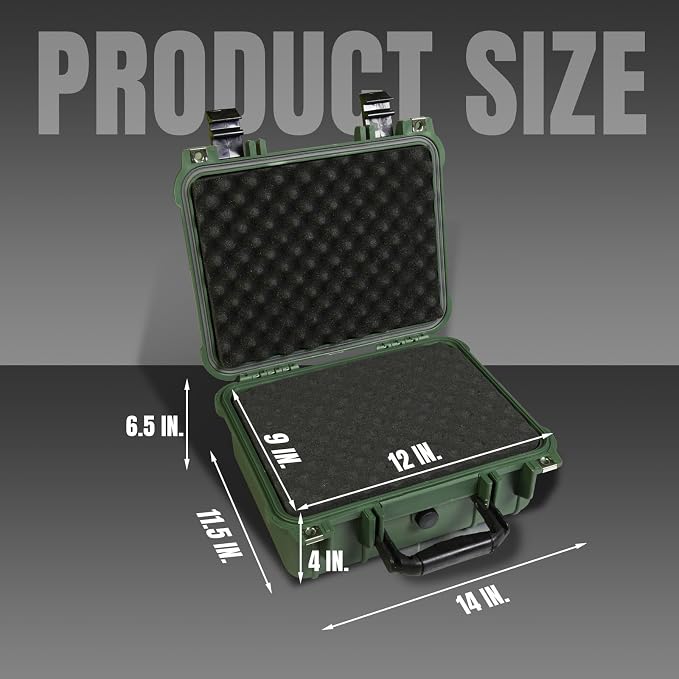 Jack Boss 14x 11.5x 6.5 Inch Hard Case, Portable Weather Waterproof Protective Camera Case with Customizable Foam, Fit Use of Drones, Camera, Equipments, Green