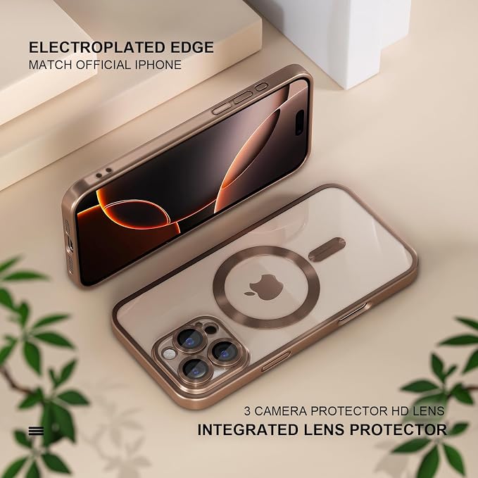 Misea Magnetic for iPhone 16 Pro Max Case Compatible with MagSafe [Never Yellowing] [Military Grade Drop Protection] Full Camera Lens Protector Plating Soft Clear Phone Case for Women, Titanium Desert