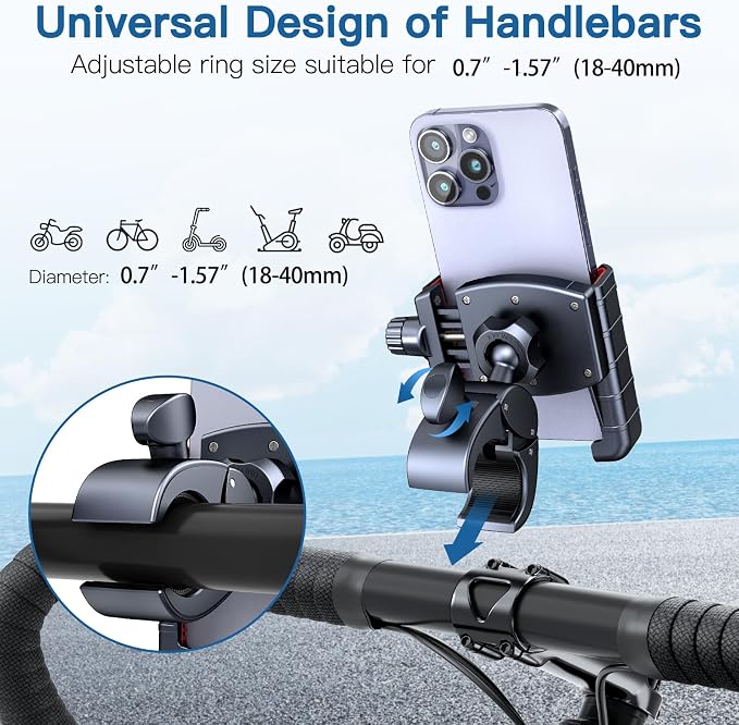 Bike Phone Mount Holder-[Quick Lock][Camera Friendly] Motorcycle Phone Holder Handlebar Clamp for Stroller Scooter Bicycle,360°Rotate Phone Mount Fits for 4.5"-7.0" iPhone & Android Phones