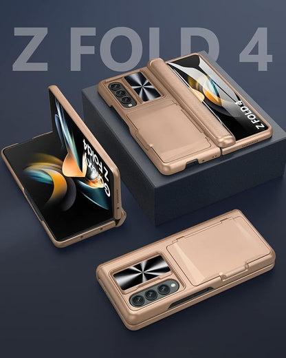 Viaotaily for Z Fold 4 Case with Card Slot Holder & Hinge Protection & Slide Camera Lens Cover & Screen Protector, Shockproof Protective Phone Case for Z Fold 4 5G 2022 (Rose Gold)