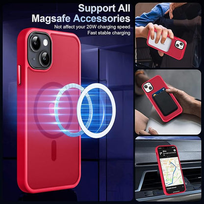 MOCCA Strong Magnetic for iPhone 13 Case, [Compatible with Magsafe][Screen Protector+Camera Lens Protector] Translucent Matte Back Slim Shockproof Case for iPhone 13 Phone Case 6.1", Red