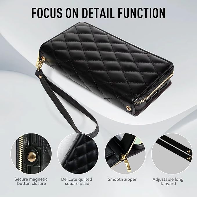 Rssviss Crossbody Case for iPhone 16 Pro Max Case Wallet, RFID Blocking Leather with Card Holder Kickstand, Handbag Zipper Flip Cover with Wrist Strap for iPhone 16 Pro Max Men Women 6.9", Black