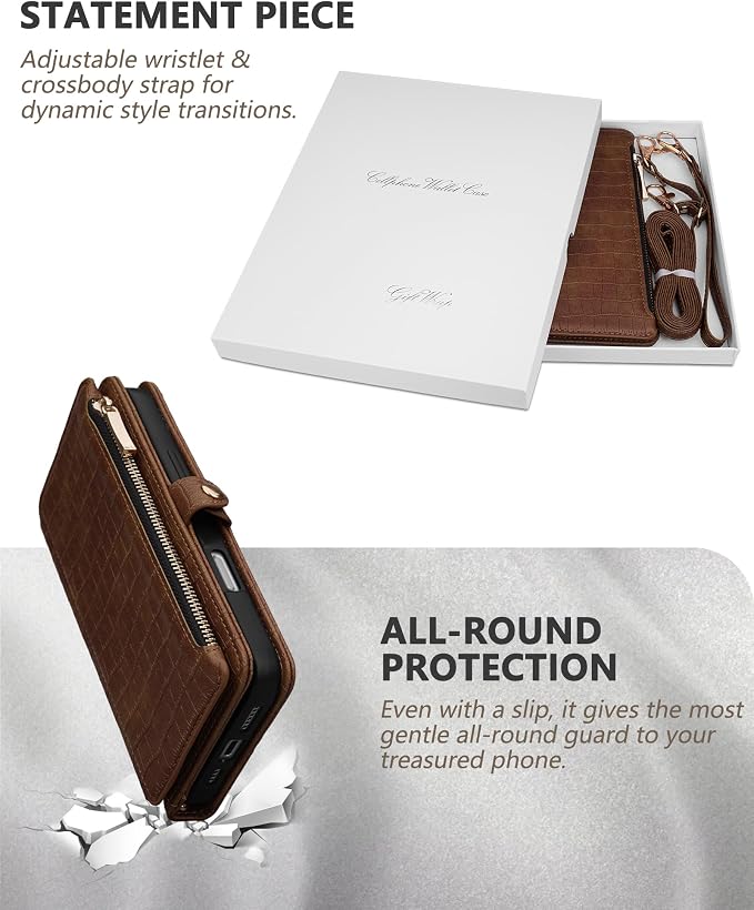 Crossbody Wallet Case for iPhone 16 Pro with Mirror, Wrist Strap, Zipper Purse Magnetic Flip RFID Blocking Card Holder, Wireless Charging, PU Leather Shockproof 6.3" Women (Brown)