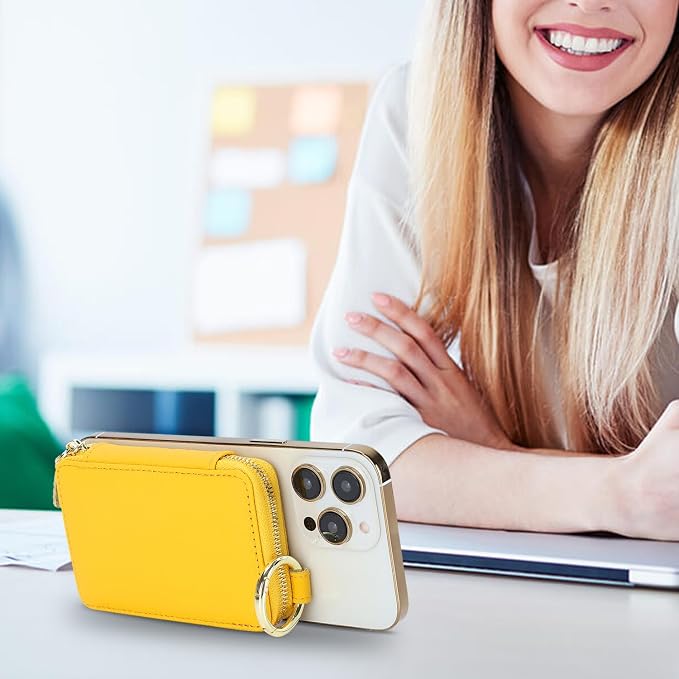 Cavor Compatible with MagSafe Wallet Genuine Leather Cash Wallets for Women, Magnetic Phone Wallet for iPhone 17 Pro Max/16/15/14/13/12, id Credit Card Holder with Mag safe Keychain-Yellow