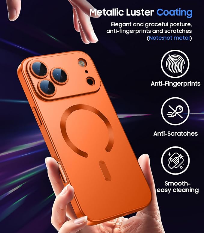 Magnetic for iPhone 17 Pro Case, Compatible with MagSafe, Built-in Camera Lens Protector, Slim Thin Soft Silicone Bumper Shockproof Metallic Luster Phone Case (Orange)